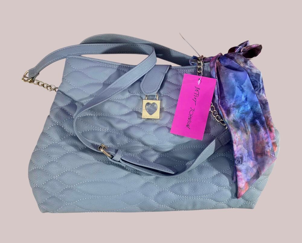 Betsey Johnson Blue Quilted Shoulder Bag Heart Padlock Floral Scarf Tote